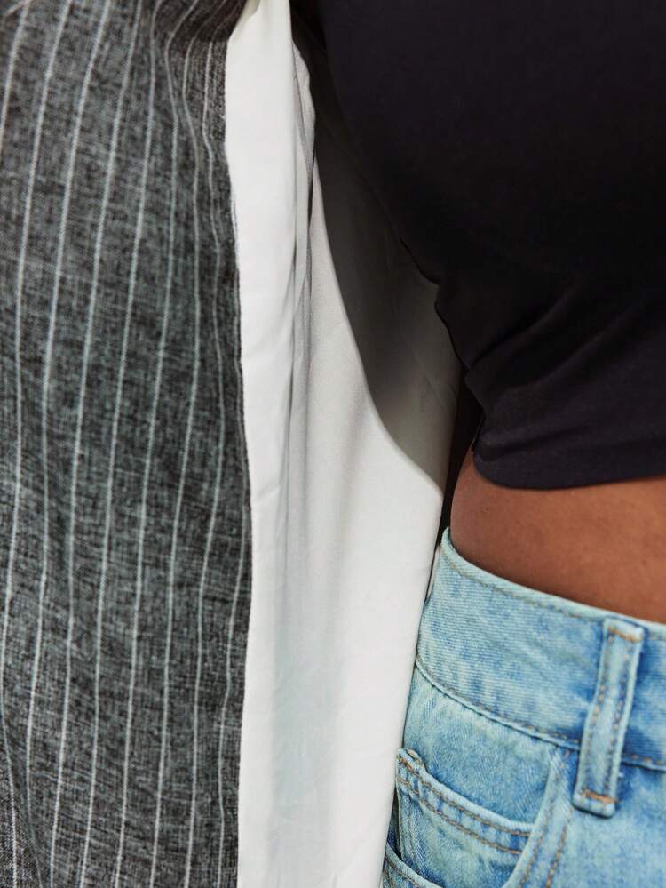 SHEIN Maija 2025 Fall Plus Size Gray Striped Patchwork Lapel Blazer, Elegant Fashionable Urban Style, Music Festival & Everyday Wear, Summer Business Commute Office, Vintage Style, Business Casual Women's Wear, Female Teacher, Work Uniform, Graduation,Fall Autumn