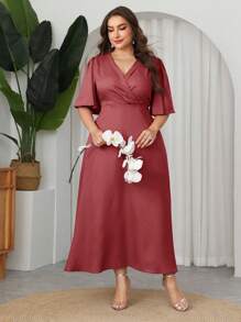 Modelyn Plus Size V-Neck Ruffle Sleeve Cinched Waist A-Line Maxi Dress, Elegant Romantic Charm, Spring/Summer - Red Violet - View 4