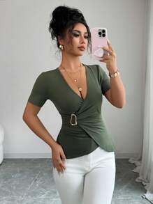 Selianne 女式夏季优雅纯色裹身修身T恤 - 軍綠色 - 查看 6