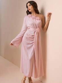 Modelyn Women's Long Asymmetrical Neck Dress With 3D Floral Decor - Pink - View 8