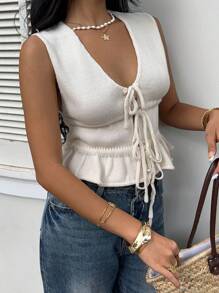 Serisse Ärmellose Damen Strickweste mit Schleife an der Taille, V-Ausschnitt Schleife Lässig Strickweste, Lässig vielseitig, Lässig apricotfarbene V-Ausschnitt Spitzenbesatz Strickoberteil, geeignet für Herbst zum Einzeltragen, Winter als Layering-Top, Schleife Vorne Design, flauschige warme Strickstoff-Textur, taillierter Silhouette, V-Ausschnitt Pullover, einfache Mode Lässig Alltag für Pendeln, Damen Strickoberteil, Pullover für Damen, Herbstkleidung, Winterkleidung, Homecoming, Old Money Stil Damen, Winter für Damen, ärmellose einfarbige Strick Urlaubs Lässig Top mit Schleife - Aprikosenfarben - Übersicht 3