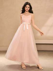 优雅的青少年花童礼服，四季婚礼派对礼服，虾粉色刺绣网眼吊带裙，适合青少年女孩，婚礼季节女孩奢华时尚薄纱蓬松公主裙 - 粉色 - 查看 6