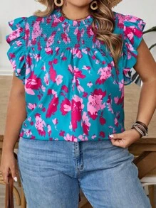 SHEIN CURVE+ 加大码花卉印花荷叶边下摆度假休闲衬衫 加大码花卉上衣 加大码夏季衬衫 女式花卉上衣 女式夏季上衣 8xl 女式上衣，开学秋季女装，冬季，CURVE PLUS - 彩色 - 查看 9