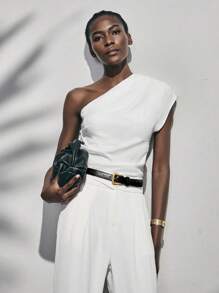 Lumivelle Women's Elegant Fashionable White Pleated Loose Shoulder Blouse, Romantic