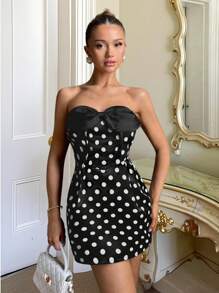 Glamine Black Polka Dot Sleeveless Bodycon Vintage Sexy Woven Short Dress For Women Fall Women Clothes Back To School - Black - View 1