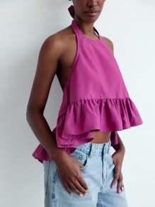 Maija Purple-Red Halter Backless Ruffle Hem Loose Urban Style Top For Women Party Beach Top Vacation Outfits Women - Red Violet - View 9