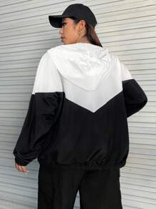 SHEIN EZwear 大码女式撞色拉链抽绳连帽休闲夹克 - 彩色 - 查看 2