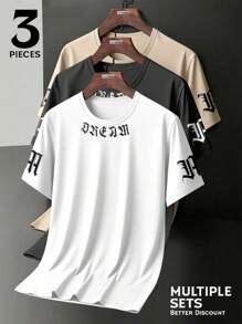 Manfinity Roughcore Men's Old English Gothic Graphic Print Mock Neck Oversized T-Shirt,Black And White,Summmer,Streetwear,City Break,Dark Academia Goth Y2K Relaxed Tee - Multicolor - View 2