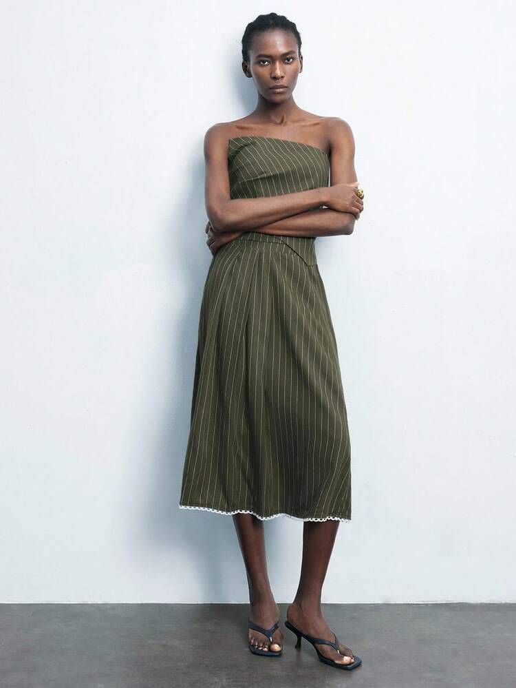 SHEIN Maija Women's Contrast Lace Decorative Early Spring & Summer Casual Bohemian Fashionable Design Comfortable Loose Elastic Waist, Front Panel Split With Bowknot Decoration Lace Embroidery Mid-Length Skirt, St. Patrick's Day Business Casual Vintage Style Skirt