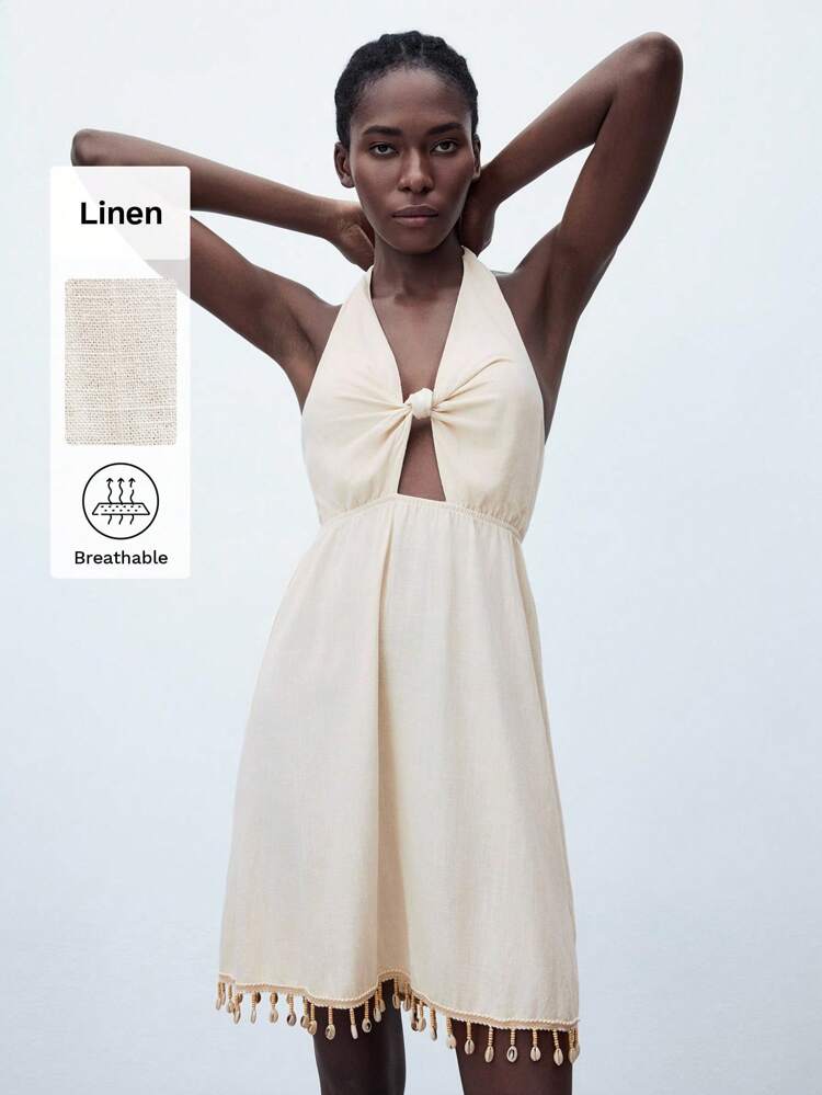 SHEIN Maija Women's Light Apricot Fringed Hem Summer Dress, Versatile, Elegant Casual Urban Fashionable Design, Comfortable Fitted Neck-Tie Back Twist Knot Ruched Hem Fringed Splice Beach Vacation Style Mini Dress All-Match Summer Clothing For All Seasons, Modern Holiday Fashion Design, Comfortable Beach Beach Clothing, Bohemian Style, Isabi Island Holiday Wear, Summer Dopamine Holiday Wear, Ins Same Style Holiday Style, Exotic Atmosphere, Country Concert, Western Style Clothing