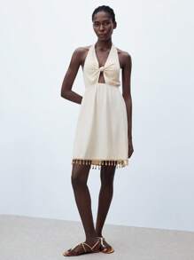 Maija Women's Light Apricot Fringed Hem Summer Dress, Versatile, Elegant Casual Urban Fashionable Design, Comfortable Fitted Neck-Tie Back Twist Knot Ruched Hem Fringed Splice Beach Vacation Style Mini Dress All-Match Summer Clothing For All Seasons, Modern Holiday Fashion Design, Comfortable Beach Beach Clothing, Bohemian Style, Isabi Island Holiday Wear, Summer Dopamine Holiday Wear, Ins Same Style Holiday Style, Exotic Atmosphere, Country Concert, Western Style Clothing - Apricot - View 4