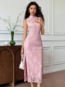 EastFlair Vestido elegante ajustado con estampado de button y florecilla para mujer - Rosa - Ver 3