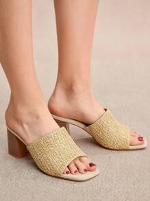 Rosivie 优雅米色编织方头粗高跟凉鞋，适合女士，时尚度假海滩装，时尚博主穿着 - 米色 - 查看 1