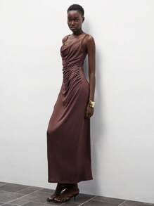 Lumivelle Women's Chocolate Brown Summer Elegant Tropical Cocktail Vintage Knit Camisole Dress,Fitted Bodycon French Pleated Decor Spaghetti Strap Midi Dress - Brown - View 6