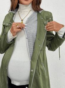SHEIN Autumn And Winter  Pregnant Women's Solid Color Long Sleeve Zipper Design Drawstring Waist Hooded 3-In-1 Casual Jacket