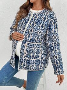 SHEIN 孕妇印花保暖宽松外套，适合冬季 - 藍白色 - 查看 5