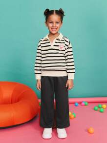 SHEIN Back-To-School Autumn Career Day Young Girl Striped Collar Long Sleeve Polo Shirt & Pants Set, Preppy Loose Casual Comfortable Clothes For Young Girls - Black and White - View 1