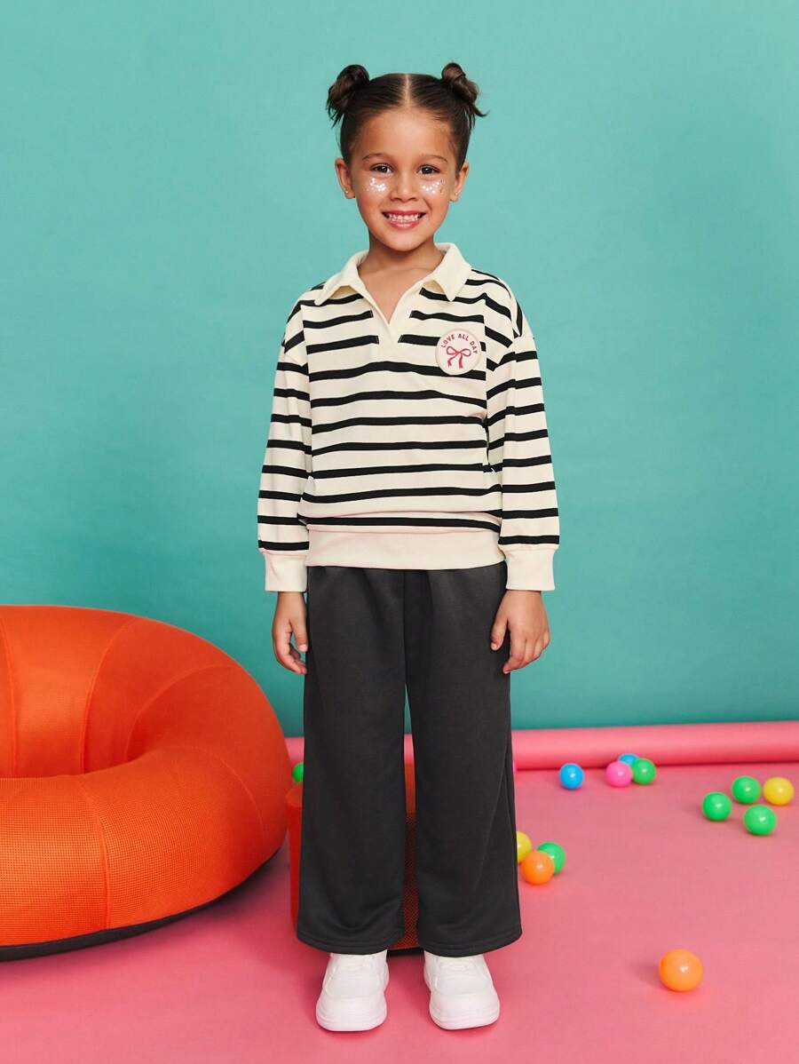 SHEIN Back-To-School Autumn Career Day Young Girl Striped Collar Long Sleeve Polo Shirt & Pants Set, Preppy Loose Casual Comfortable Clothes For Young Girls - Black and White - View 1