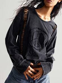 Bohemela Women's Casual Solid Color Knit Crew Neck Long Sleeve Fitted Washed T-Shirt, Boho Music Festival, Autumn/Winter Peace Sign T-Shirt Women Graphic Tees Long Sleeve T-Shirts Women Distressed T-Shirt Vintage T-Shirts - Black - View 5