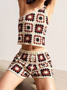 Bohemela Bohemian Women's Resort Retro Style Crochet Top And Shorts Wool Set - Brown - View 3