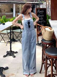 DAZY 高腰修身浅蓝色直筒牛仔背带裤女款阔腿及地裤 - 淺色水洗藍 - 查看 8