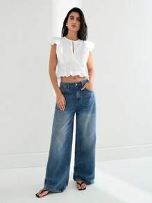 Maija 2025 New Summer Women's White Cinched Waist Ruffle Sleeve Embroidered Sweet Bohemian Casual Blouse, For Daily/Beach Vacation - White - View 10