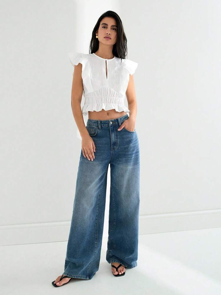 SHEIN Maija 2025 New Summer Women's White Cinched Waist Ruffle Sleeve Embroidered Sweet Bohemian Casual Blouse, For Daily/Beach Vacation