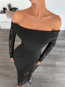 SHEIN Tall CURVE 大码新款优雅黑色蕾丝拼接连衣裙，性感蕾丝透视鸡尾酒会礼服，秋季婚礼宾客礼服 - 黑色 - 查看 3