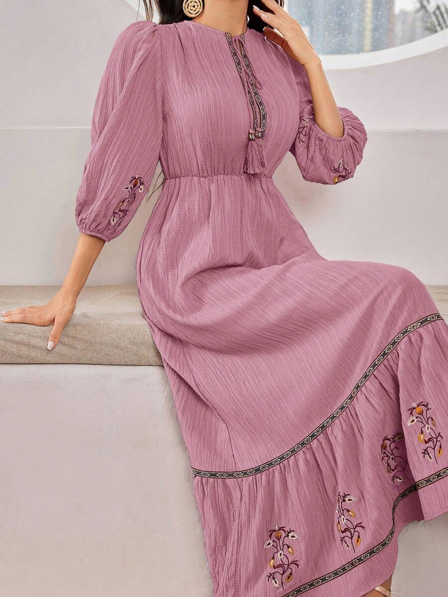 Seusyu 女士优雅花卉刺绣泡泡袖连衣裙 - 粉色 - 查看 1