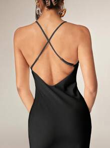 Silquee 优雅性感露背挂脖长裙 - 黑色 - 查看 3