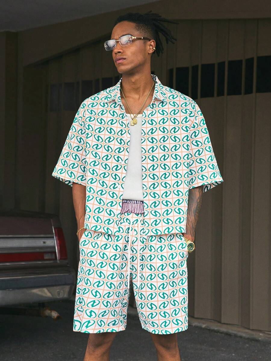 AXEPEAK 2pcs/Set Men's All-Over Print Short Sleeve Single-Breasted Shirt And Shorts Casual Suit