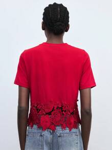 Maija Áo thun nữ tay ngắn cổ tròn màu trơn phối ren, thích hợp cho kỳ nghỉ, công sở, thường ngày và đi làm, thanh lịch và thời trang, đồng phục giáo viên nữ, áo đi chơi Giáng sinh. - Đỏ - Xem 5