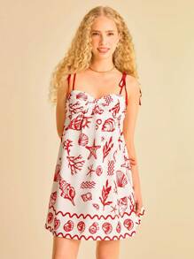 CAJUNI فستان قصير مع حمالات رفيعة واربطة، مطبوع بعناصر استوائية ساحلية مثل الصدف، فستان صيفي عادي للعطلة