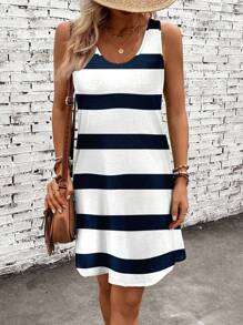 EMERY ROSE 休闲简约黑白航海条纹全印花女式连衣裙，适合夏季 - 彩色 - 查看 5