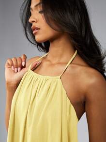 MISSGUIDED Backless Halter Neck Mini Playsuit Summer Beach Linen Romper Party Vacation Festival Short Jumpsuit Wide Leg Holiday Resort Wear - Yellow - View 3