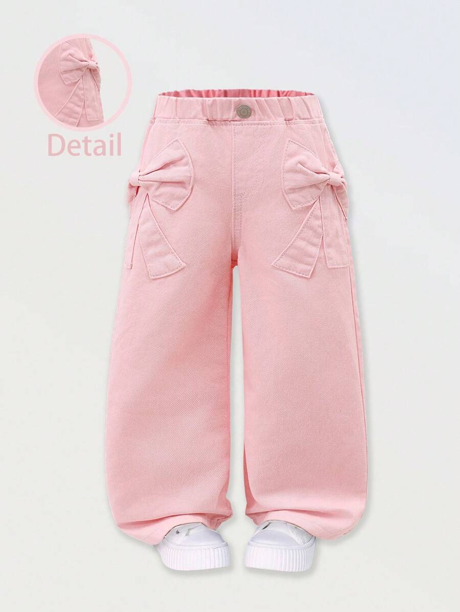 SHEIN Playful Pals 女孩休闲百搭百搭可爱蝴蝶结提花个性口袋舒适宽松直筒水洗牛仔裤，适合日常穿着 - 淺粉色 - 查看 1
