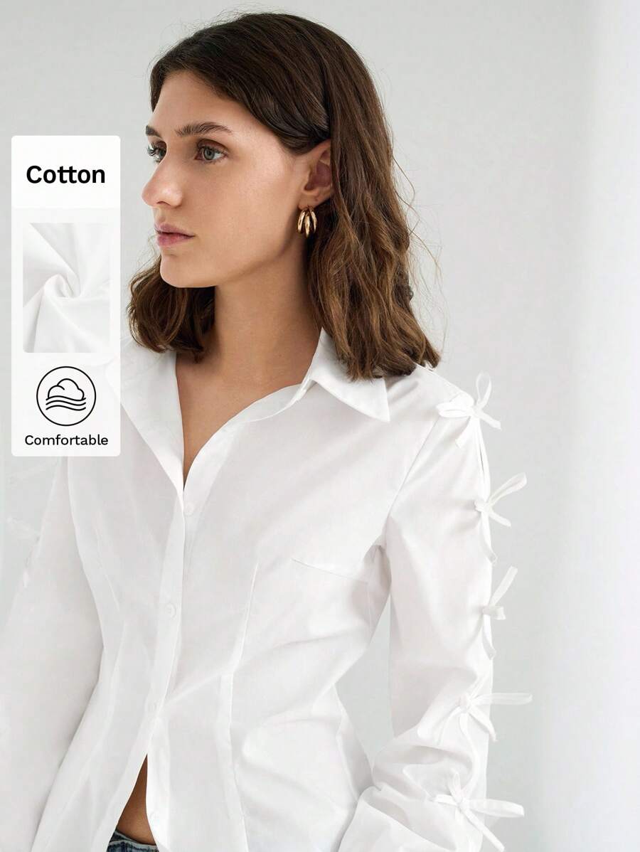 Maija Women's White Shirt With Side Slit Multiple Bow Decorative Design, Summer Dress Shirt With Stylish, Elegant, Versatile, Comfortable Fit, Long Sleeve, Side Slit, Multiple Bow Decor, Vintage Music Festival Casual Attire, Romantic, French Chic, Sophisticated, Understated, Graceful