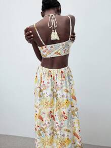 Maija 女士彩色佩斯利印花夏季连衣裙，百搭现代度假波西米亚休闲时尚设计，舒适合身露背镂空前系带装饰佩斯利印花海滩度假优雅风格中长连衣裙 - 彩色 - 查看 7