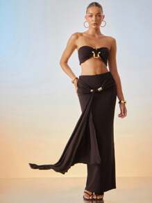 Hauture Women's Sexy Ruched Front Drape Detail Maxi Skirt With Stylish Metal Decor For Vacation, Party - Brown - View 4