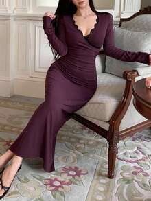 DAZY 蕾丝拼接腰部褶皱设计长款束腰女士睡裙，秋冬季舒适保暖服饰 - 紫色 - 查看 4