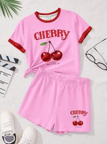 SHEIN Tween Girls Casual Simple Short Sleeve Shorts 2 Pieces Set, Suitable For Summer Cherry Outfit Cherry Shorts Set Girls Cherry Top Cherry T Shirt Pink Cherry Set