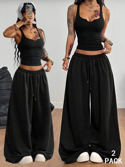 Coolane 女士夏季演唱会服装街头服饰 Y2K 休闲日常运动装 Gyaru 缺口紧身胸衣弹力背心和宽松低腰裤两件套服装