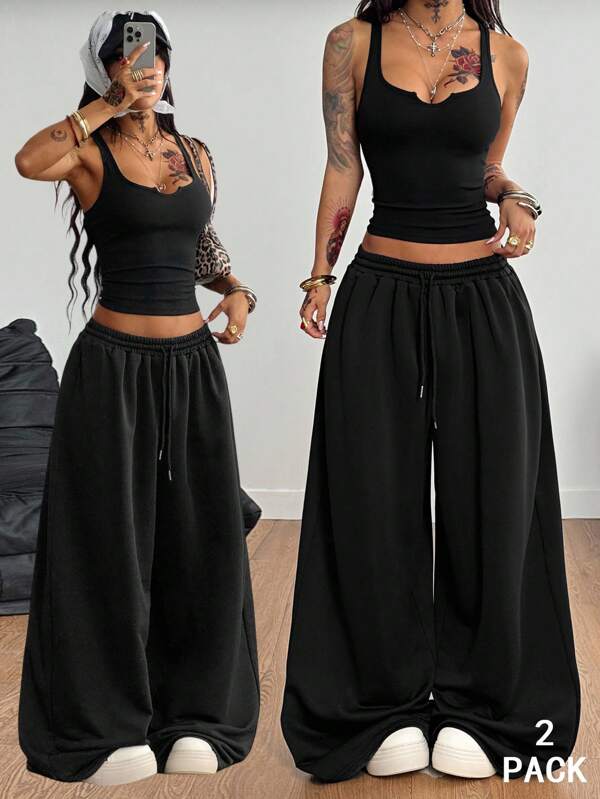 Coolane Conjunto de verano de mujer para conciertos, ropa urbana estilo Y2K, uso diario casual, ropa deportiva, estilo Gyaru, top tipo corsé acanalado elástico y pantalones anchos de talle bajo, 2 piezas