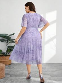 Modelyn Plus Size Elegant All-Over Print Cowl Neck Summer Dress - Purple - View 5