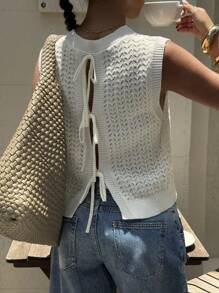 Siren Gaze 女士纯色圆领休闲针织背心，纹理针织背心，后系带针织背心，日常穿着，适合春夏秋季度假休闲装 - 杏色 - 查看 6