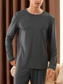 Manfinity Underwear&Sleepwear Basics 2pcs Men Solid Color Crew Neck Long Sleeve T-Shirt And Pants Loungewear Set