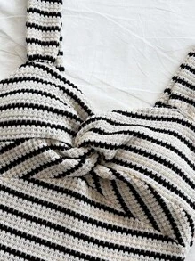 Soleia Casual Vacation Western Beach Wedding Guest Graduation Brunch Dress, Elegant Boho Tropical Striped Twist Mini Dress, Suitable For St. Patrick's Day, Spring Break, Easter, Music Festivals Striped Dress Knit Dress Summer Dress Bodycon Dress Black And White Striped Dress