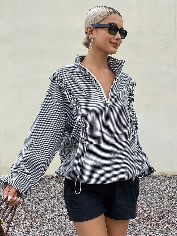 Women's Casual Plaid Frill Trim Stand Collar Sweatshirt