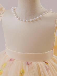 Glamorique Kids 1pc Baby Girls Christening Formal Dress, Flared Sleeves V-Neck Pearl Beaded Embroidered Mesh Ruffle Princess Dress With Raised Cinched Waist Design