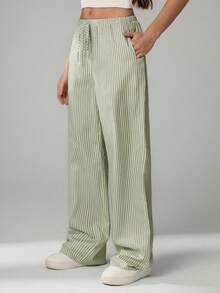 SHEIN Tall Pantalones casuales sueltos de pierna ancha con lazo a la cintura y estampado de rayas para mujer